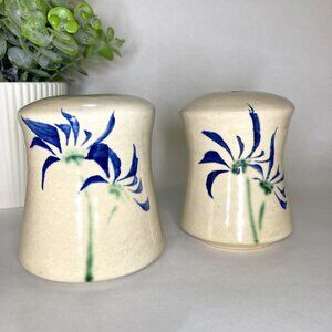 Large Salt and Pepper Shakers Signed Pottery Blue Flower